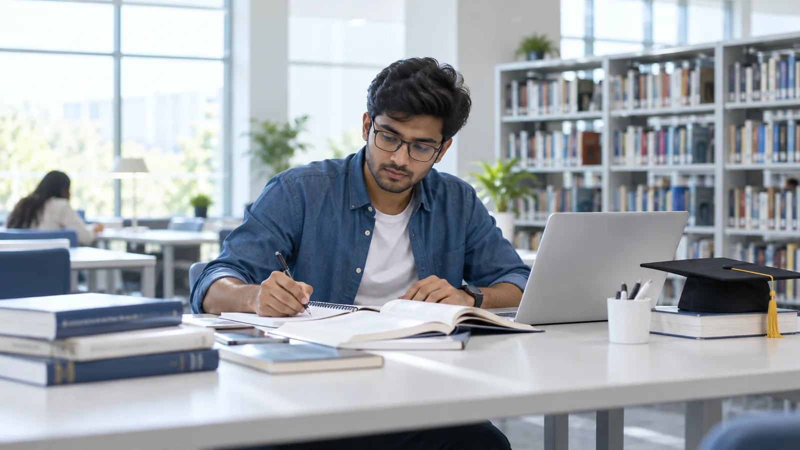 An independent learner studying with books and a laptop in an academic setting