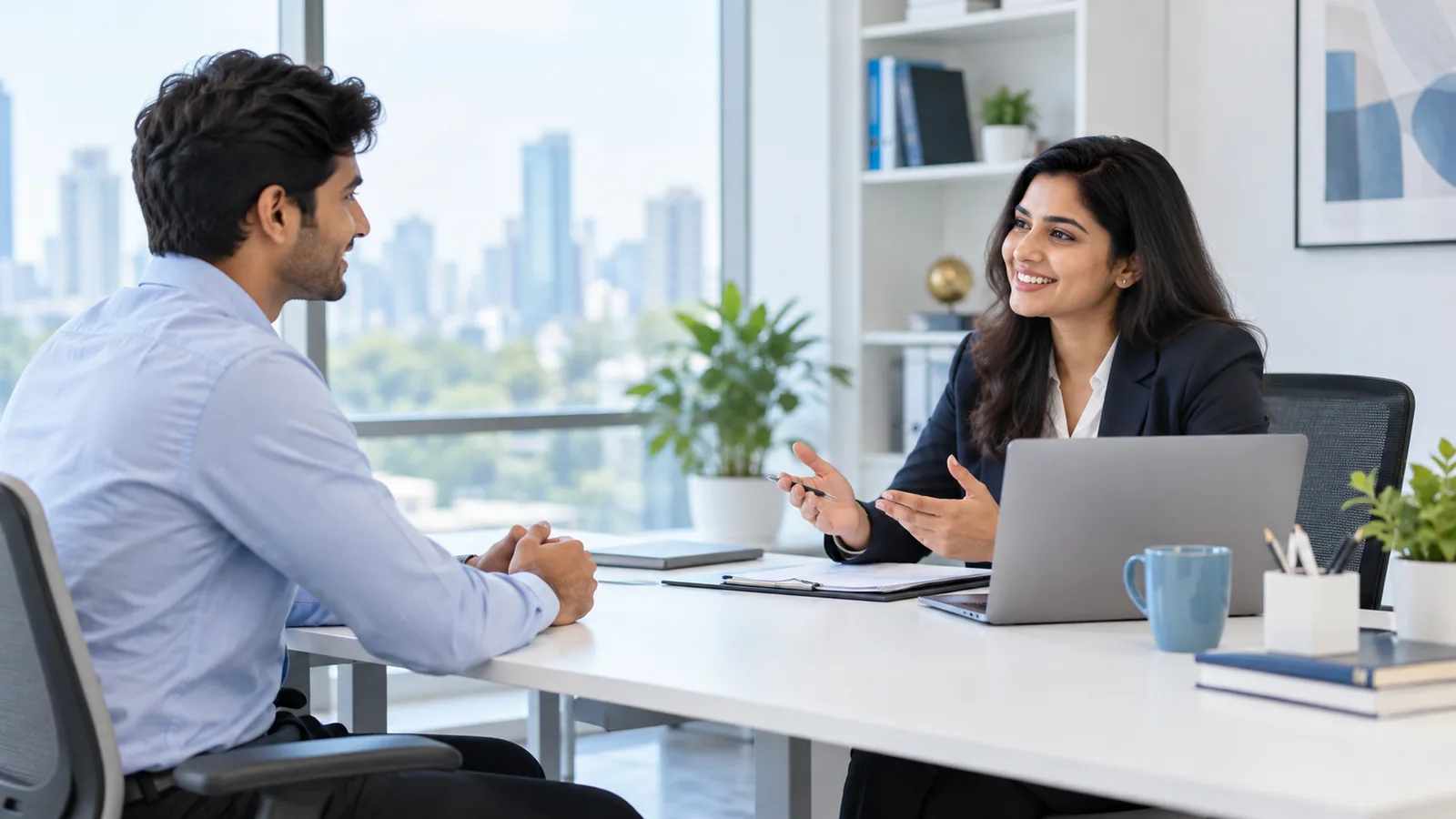 A candidate and career counsellor discussing opportunities in a bright office