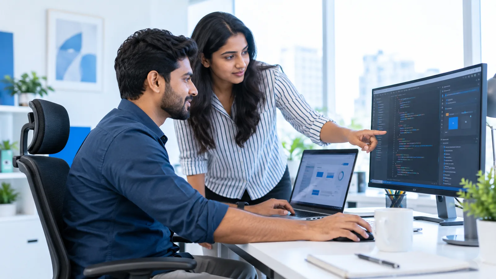 Software developers working with code in a bright modern office